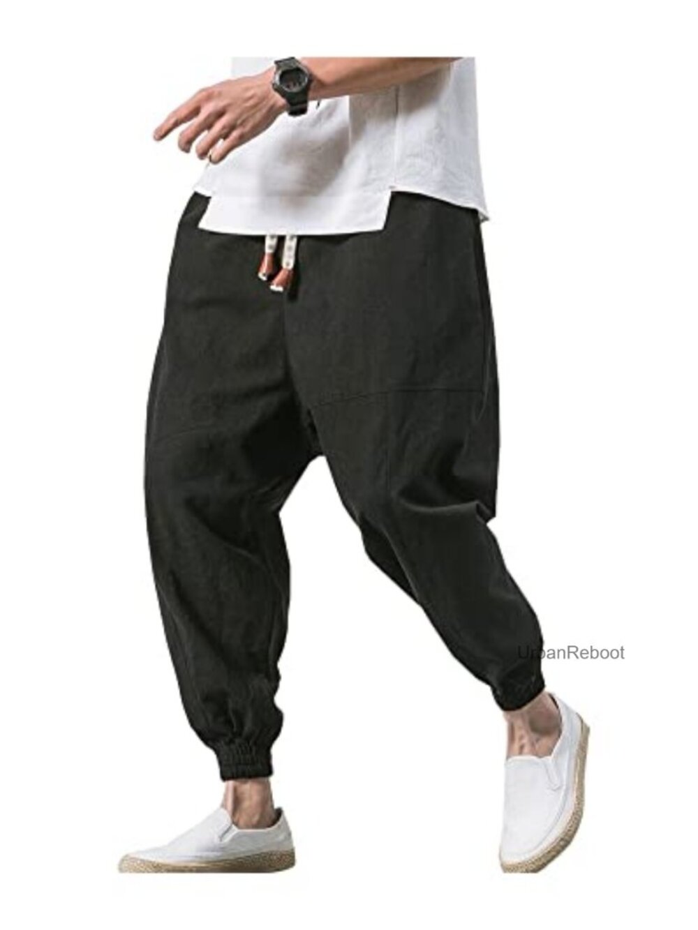 LifeHe Men's Harem Pants Linen Cotton Drawstring Elastic Waist Baggy Drop